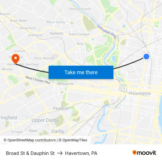 Broad St & Dauphin St to Havertown, PA map
