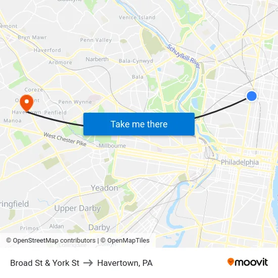 Broad St & York St to Havertown, PA map