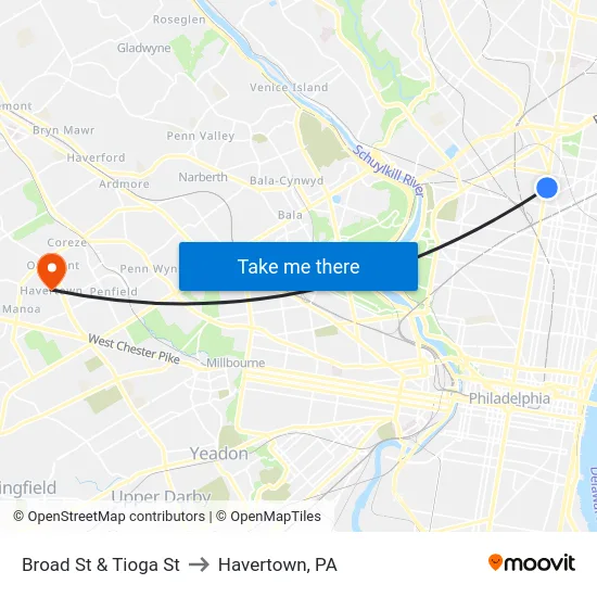Broad St & Tioga St to Havertown, PA map