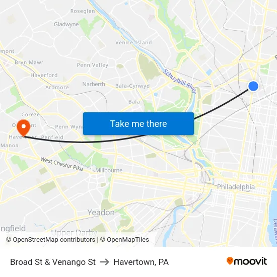 Broad St & Venango St to Havertown, PA map