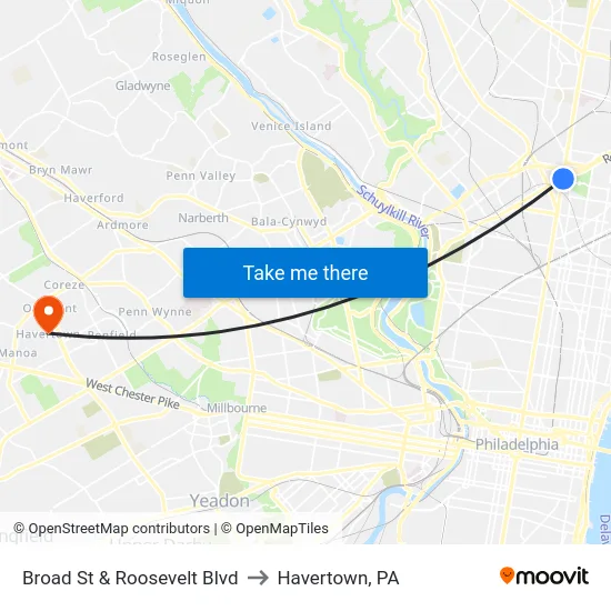 Broad St & Roosevelt Blvd to Havertown, PA map