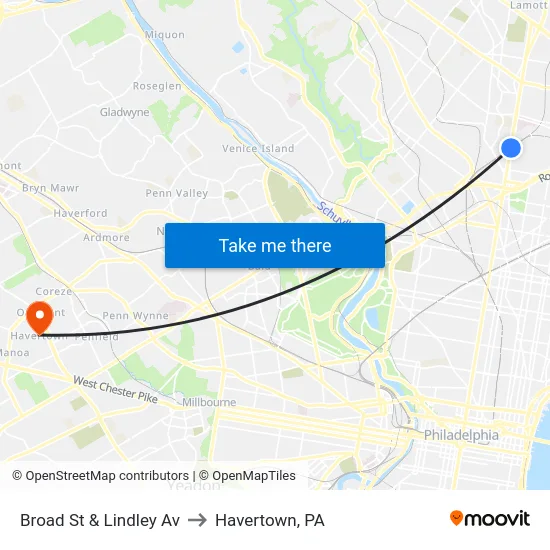 Broad St & Lindley Av to Havertown, PA map