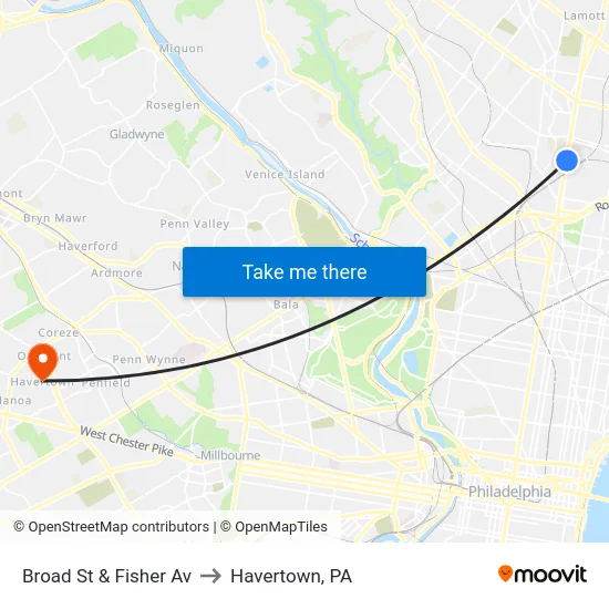 Broad St & Fisher Av to Havertown, PA map