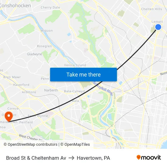 Broad St & Cheltenham Av to Havertown, PA map