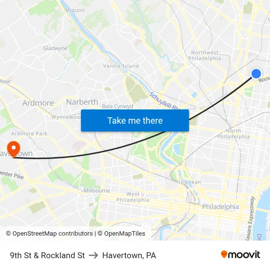 9th St & Rockland St to Havertown, PA map