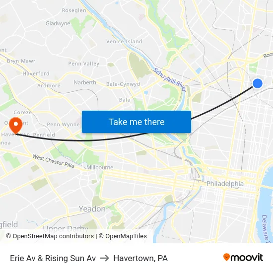 Erie Av & Rising Sun Av to Havertown, PA map