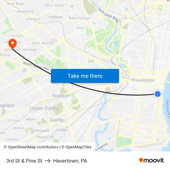 3rd St & Pine St to Havertown, PA map
