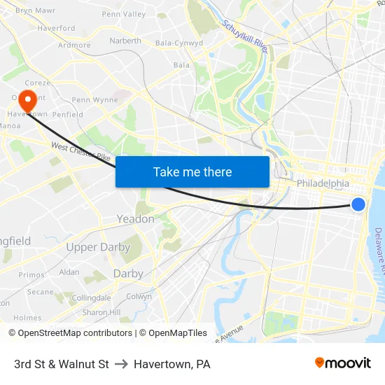 3rd St & Walnut St to Havertown, PA map