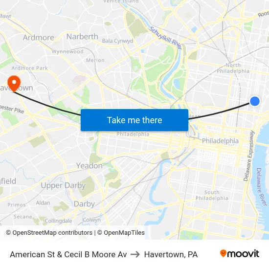 American St & Cecil B Moore Av to Havertown, PA map