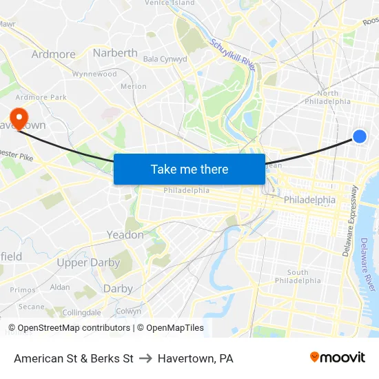American St & Berks St to Havertown, PA map
