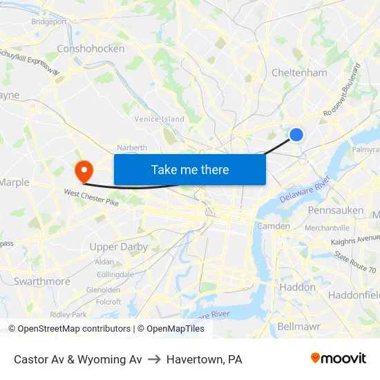 Castor Av & Wyoming Av to Havertown, PA map