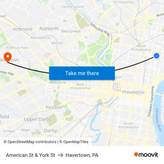 American St & York St to Havertown, PA map