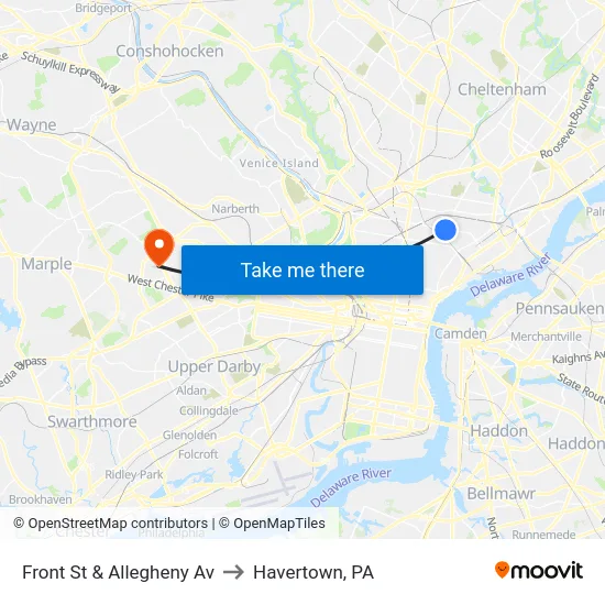 Front St & Allegheny Av to Havertown, PA map