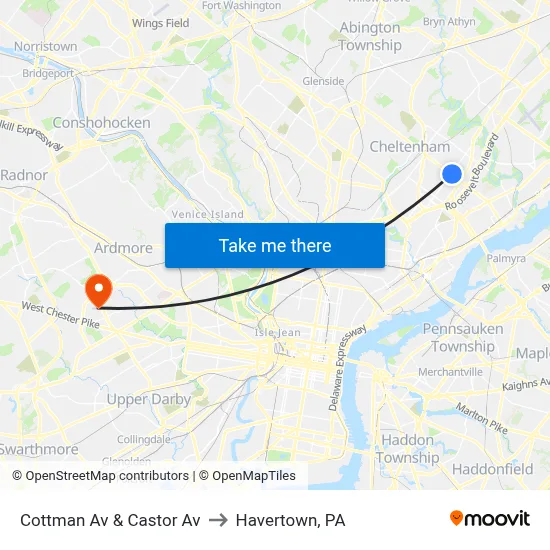 Cottman Av & Castor Av to Havertown, PA map