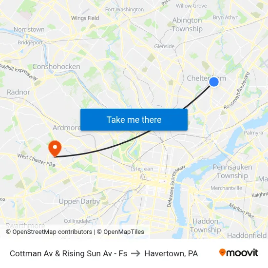 Cottman Av & Rising Sun Av - Fs to Havertown, PA map