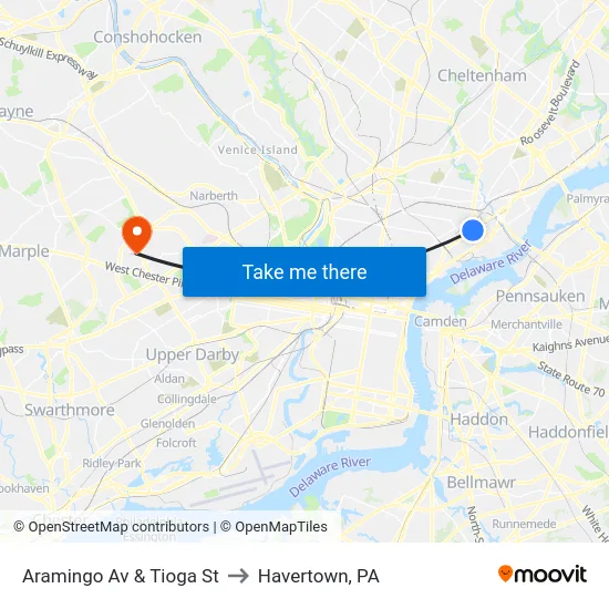 Aramingo Av & Tioga St to Havertown, PA map