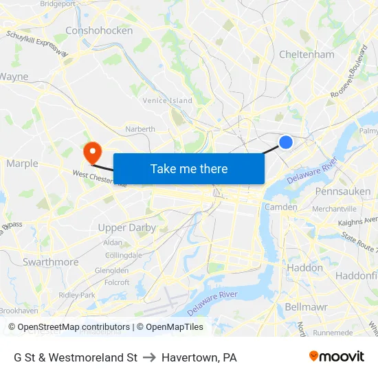 G St & Westmoreland St to Havertown, PA map