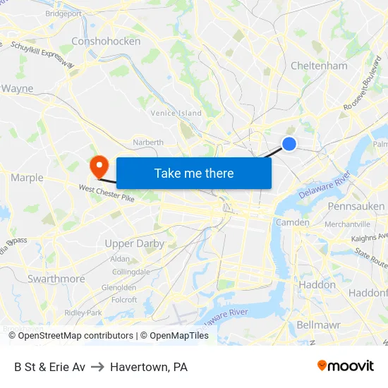 B St & Erie Av to Havertown, PA map
