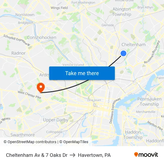 Cheltenham Av & 7 Oaks Dr to Havertown, PA map