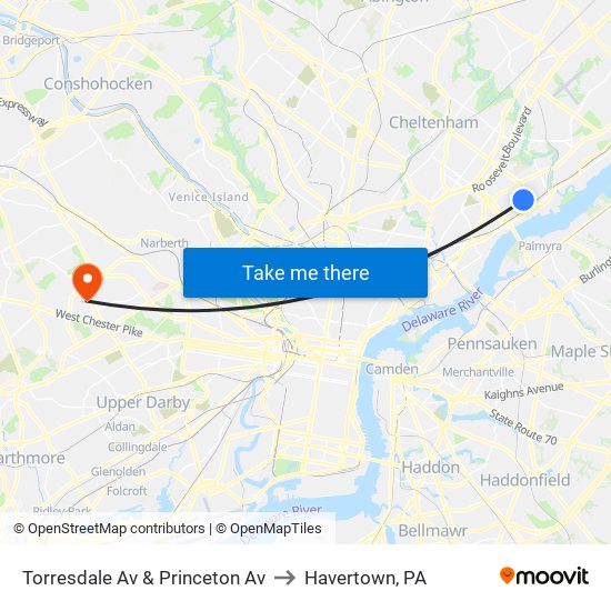 Torresdale Av & Princeton Av to Havertown, PA map