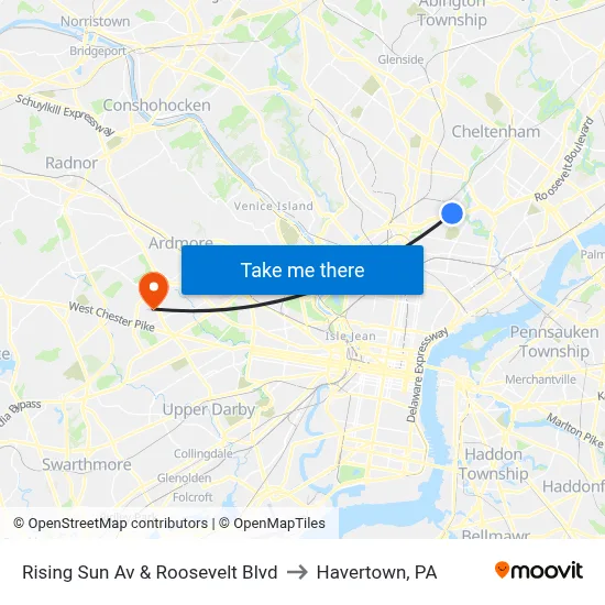 Rising Sun Av & Roosevelt Blvd to Havertown, PA map