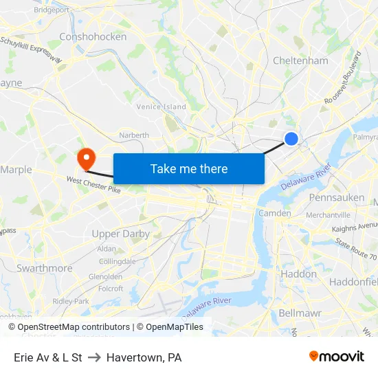 Erie Av & L St to Havertown, PA map
