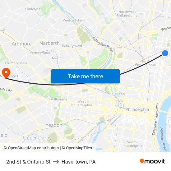 2nd St & Ontario St to Havertown, PA map