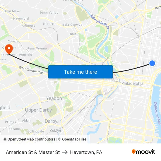 American St & Master St to Havertown, PA map