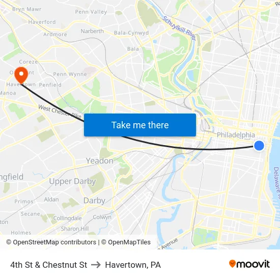 4th St & Chestnut St to Havertown, PA map