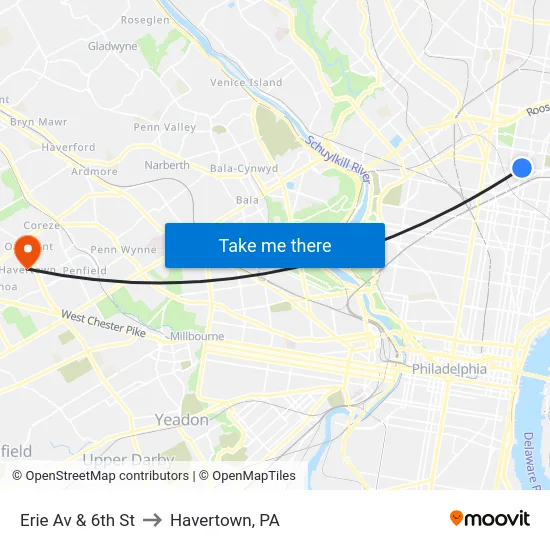 Erie Av & 6th St to Havertown, PA map