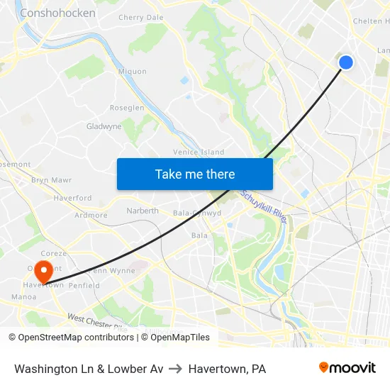 Washington Ln & Lowber Av to Havertown, PA map