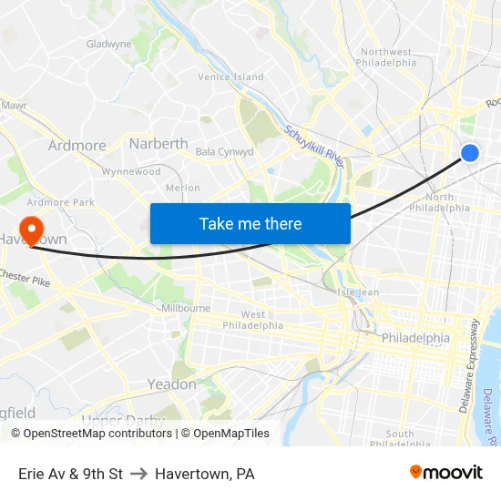 Erie Av & 9th St to Havertown, PA map