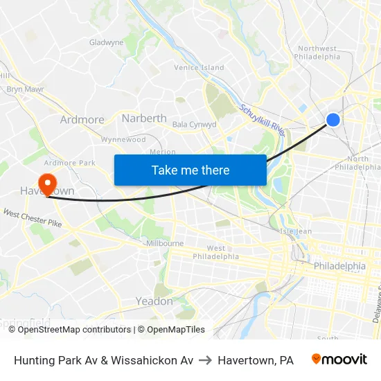 Hunting Park Av & Wissahickon Av to Havertown, PA map