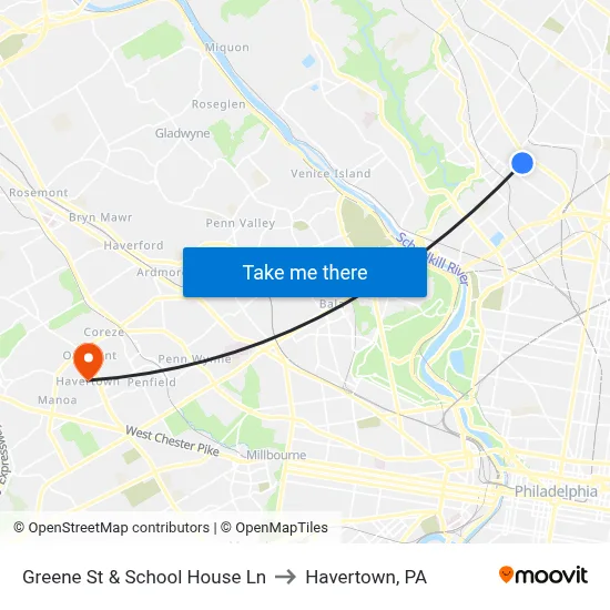 Greene St & School House Ln to Havertown, PA map