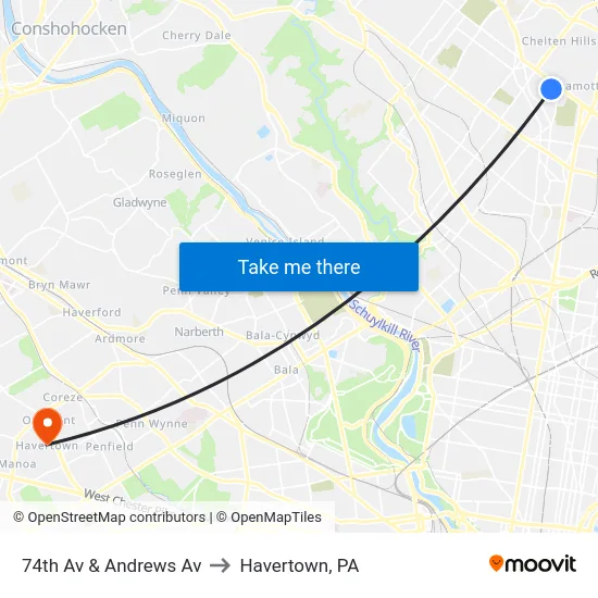 74th Av & Andrews Av to Havertown, PA map