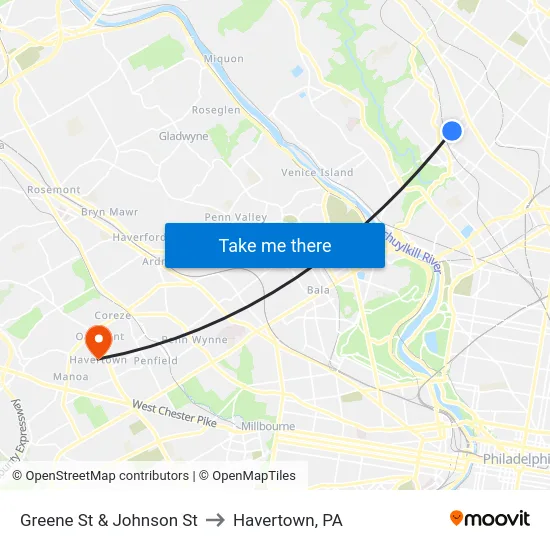 Greene St & Johnson St to Havertown, PA map