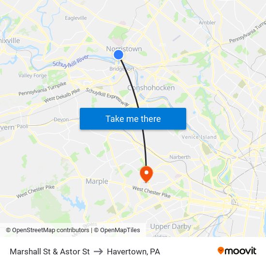 Marshall St & Astor St to Havertown, PA map