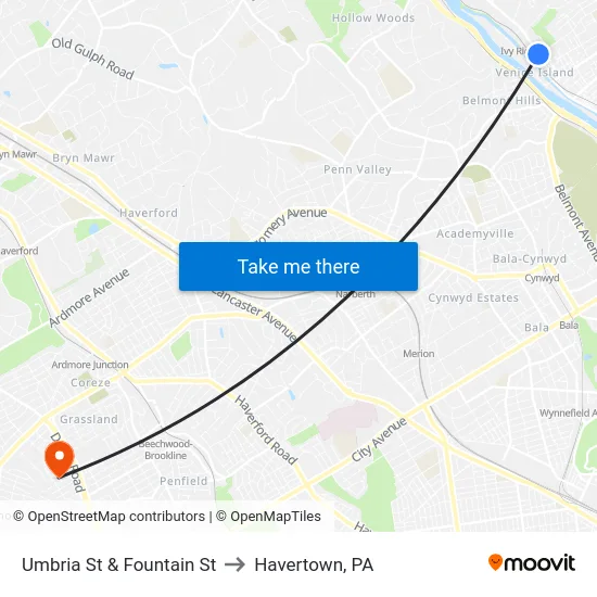 Umbria St & Fountain St to Havertown, PA map