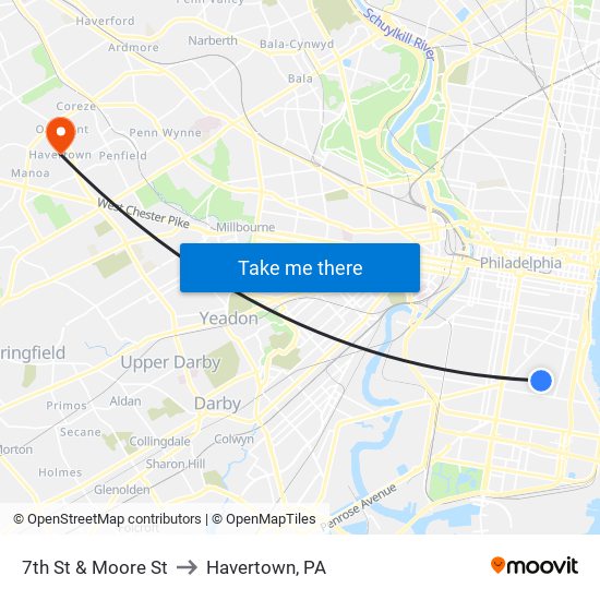 7th St & Moore St to Havertown, PA map
