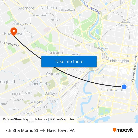 7th St & Morris St to Havertown, PA map
