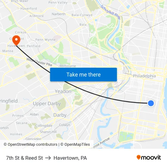 7th St & Reed St to Havertown, PA map