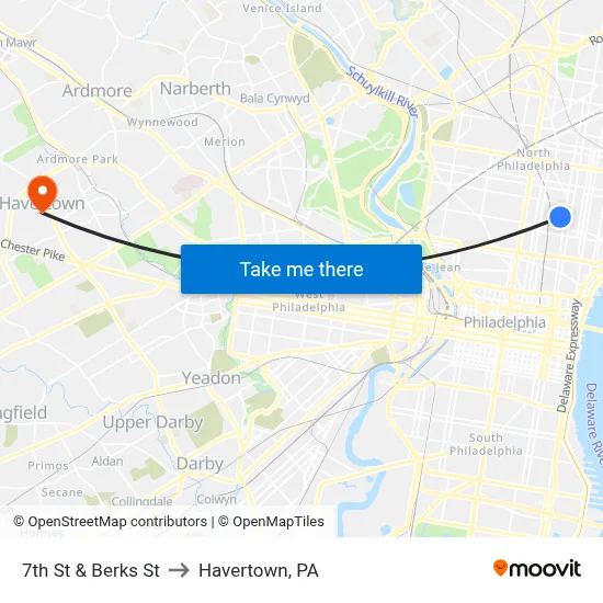 7th St & Berks St to Havertown, PA map