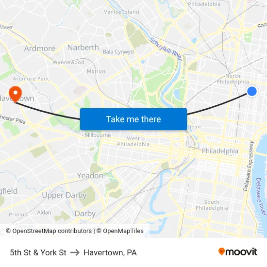 5th St & York St to Havertown, PA map