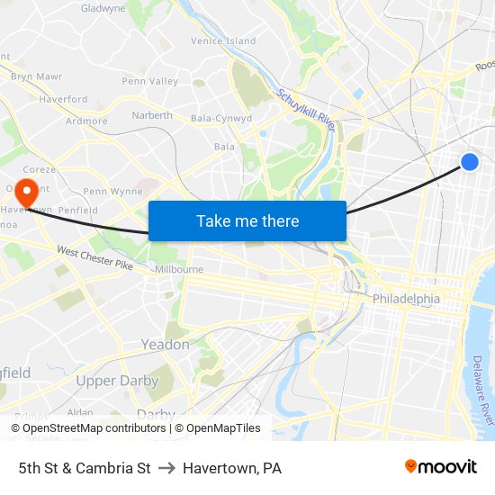 5th St & Cambria St to Havertown, PA map