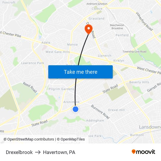 Drexelbrook to Havertown, PA map