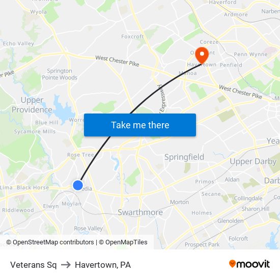 Veterans Sq to Havertown, PA map