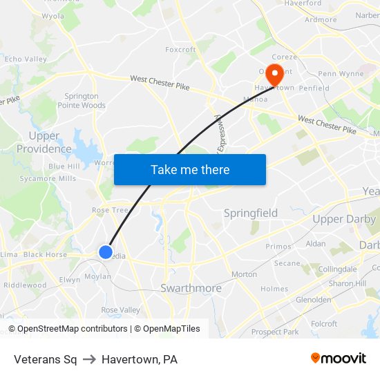 Veterans Sq to Havertown, PA map