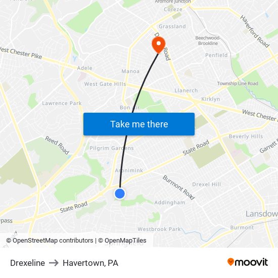 Drexeline to Havertown, PA map