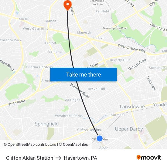 Clifton Aldan Station to Havertown, PA map