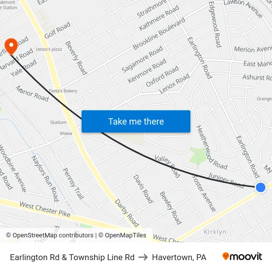Earlington Rd & Township Line Rd to Havertown, PA map